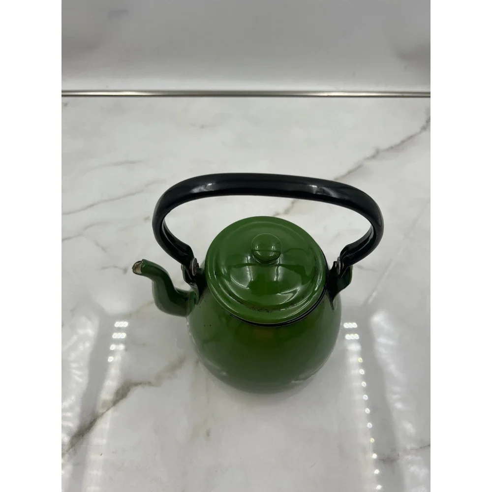 Vintage Green Enamel Teapot Made in Poland Rustic Farmhouse Decor Kettle